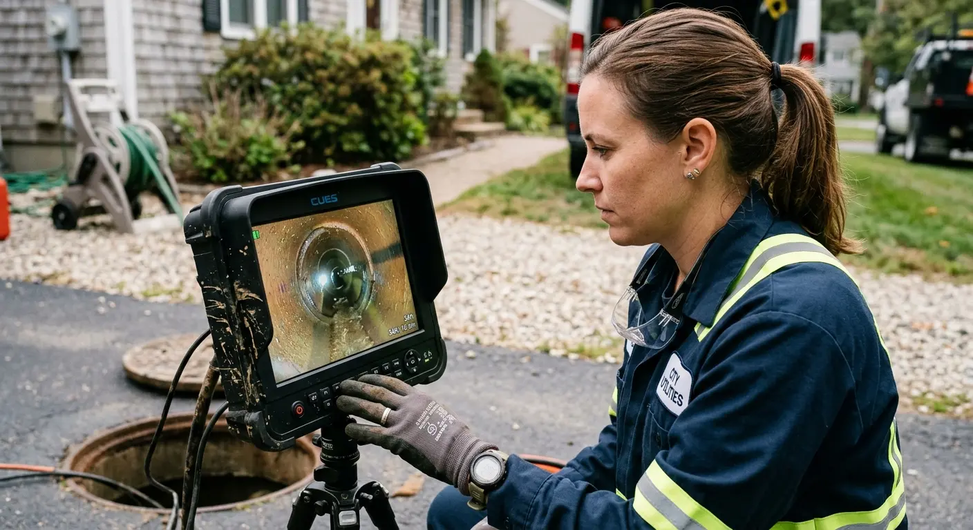 Technician reviewing sewer camera inspection footage in Revere