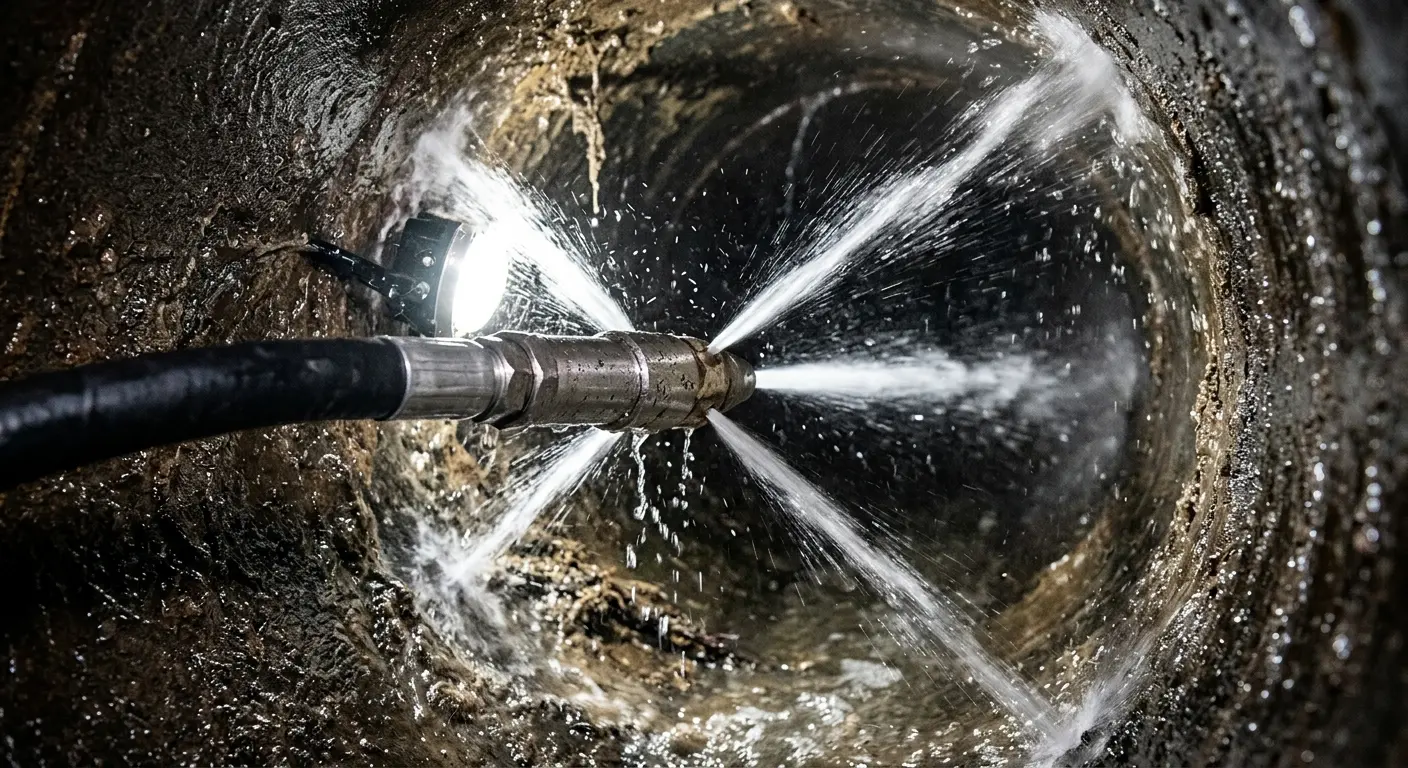High-pressure hydro jetting nozzle cleaning sewer pipe for Sewer Cleanout in Revere