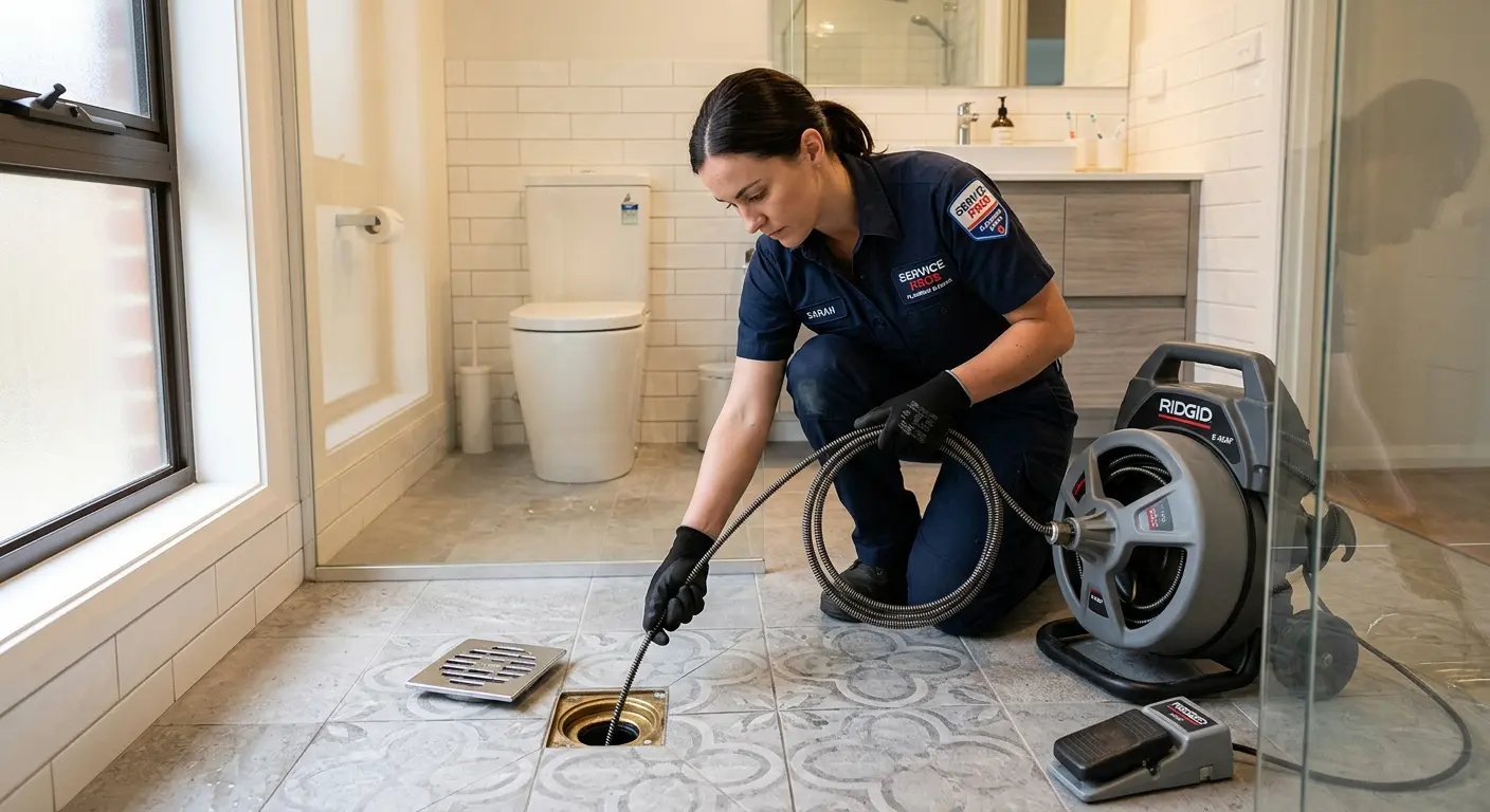 Technician clearing a bathroom floor drain for Drain Cleaning in Revere